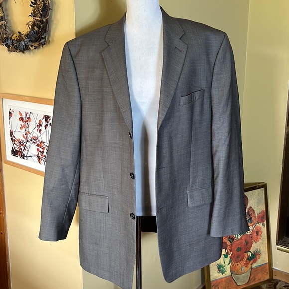 CALVIN KLEIN Size 42 Lightwgt 100% Wool YearRound Classic Blazer Tan/Blue Micro - Picture 2 of 15